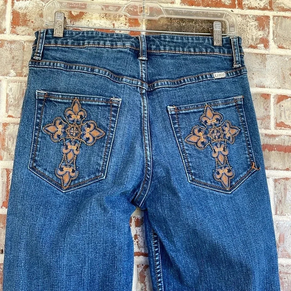 Lawman Blue Fleur-di-lis Embroidered Pockets Cowgirl Denim Vintage Jeans - Picture 6 of 10